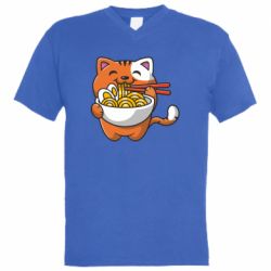 Мужская футболка  с V-образным вырезом Cat and Ramen - PrintSalon
