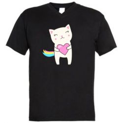 Мужская футболка  с V-образным вырезом Cute cat with heart - PrintSalon