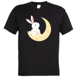 Мужская футболка  с V-образным вырезом Cute rabbit on the moon - PrintSalon