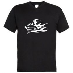 Мужская футболка  с V-образным вырезом Flaming shark - PrintSalon