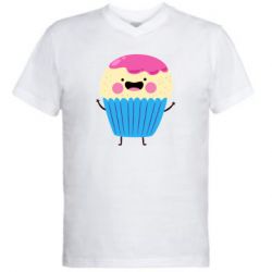 Мужская футболка  с V-образным вырезом Funny cupcake with smile - PrintSalon