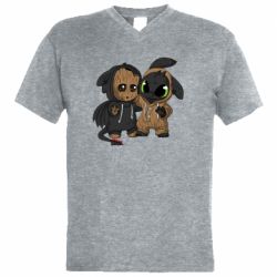 Мужская футболка  с V-образным вырезом Groot And Toothless - PrintSalon