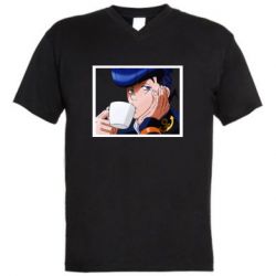 Мужская футболка  с V-образным вырезом Higashikata Josuke drinking tea - PrintSalon