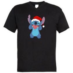 Мужская футболка  с V-образным вырезом Новогодний Стич - PrintSalon