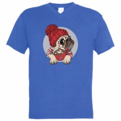 Мужская футболка  с V-образным вырезом Pug And Coffee - PrintSalon