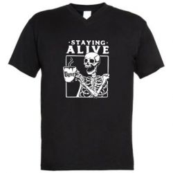 Мужская футболка  с V-образным вырезом Staying alive with coffee - PrintSalon