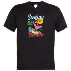 Мужская футболка  с V-образным вырезом Surfing Paradise Flamingo - PrintSalon
