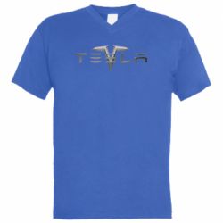 Мужская футболка  с V-образным вырезом Tesla Car logo - PrintSalon