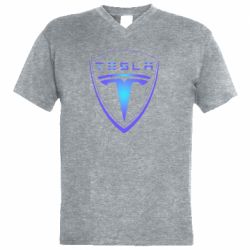Мужская футболка  с V-образным вырезом Tesla logo gradient - PrintSalon