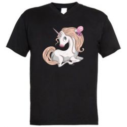 Мужская футболка  с V-образным вырезом Unicorn with bow tie - PrintSalon