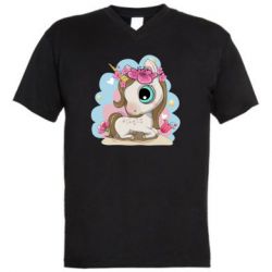 Мужская футболка  с V-образным вырезом Unicorn with flowers - PrintSalon