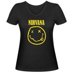Женская футболка с V-образным вырезом Nirvana (Нирвана) - PrintSalon