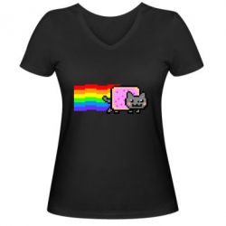 Женская футболка с V-образным вырезом Nyan cat - PrintSalon