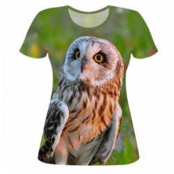 Жіноча 3D футболка Owl on green field - PrintSalon