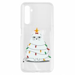 Чехол для Realme 6 Cat and Christmas Lights - PrintSalon
