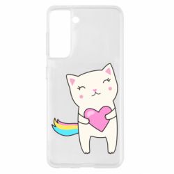 Чехол для Samsung S21 Cute cat with heart - PrintSalon