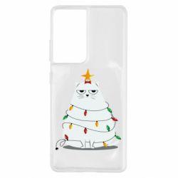 Чехол для Samsung S21 Ultra Cat and Christmas Lights - PrintSalon