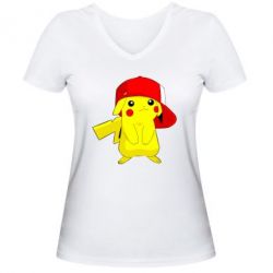 Женская футболка с V-образным вырезом Pikachu in a cap - PrintSalon