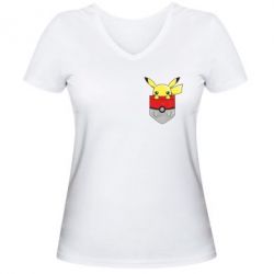 Женская футболка с V-образным вырезом Pikachu in pocket - PrintSalon