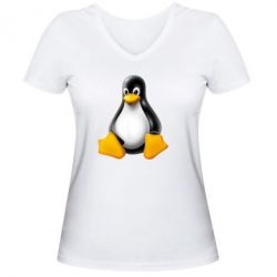 Женская футболка с V-образным вырезом Пингвин Linux - PrintSalon