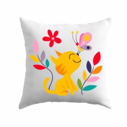 Подушка Cat, Flowers and Butterfly - PrintSalon
