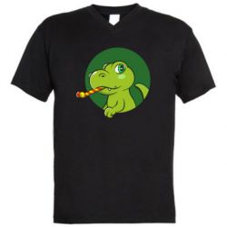 Мужская футболка  с V-образным вырезом Праздничный динозавр - PrintSalon