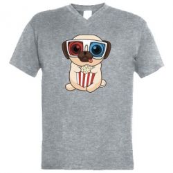 Мужская футболка  с V-образным вырезом Pug at the cinema - PrintSalon