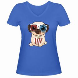 Женская футболка с V-образным вырезом Pug at the cinema - PrintSalon