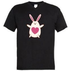 Мужская футболка  с V-образным вырезом Rabbit with a pink heart - PrintSalon