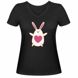 Женская футболка с V-образным вырезом Rabbit with a pink heart - PrintSalon
