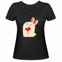 Женская футболка с V-образным вырезом Rabbit with heart - PrintSalon