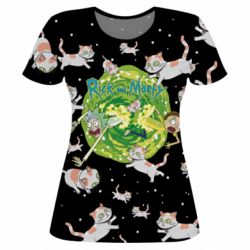 Женская футболка 3D Rick and Morty Schrodinger cats and Einstein-PrintSalon Женская футболка 3D Rick and Morty Schrodinger cats and Einstein