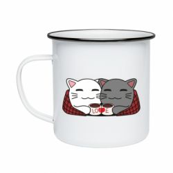 Кружка емальована Сats with plaid and coffee - PrintSalon