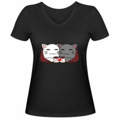 Жіноча футболка з V-подібним вирізом Сats with plaid and coffee - PrintSalon