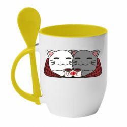 Чашка з ложкою Сats with plaid and coffee - PrintSalon