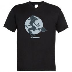 Мужская футболка  с V-образным вырезом Silhouette of a witch on a broom-PrintSalon Мужская футболка  с V-образным вырезом Silhouette of a witch on a broom