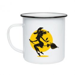 Кружка емальована Silhouette of a witch on a broom - PrintSalon