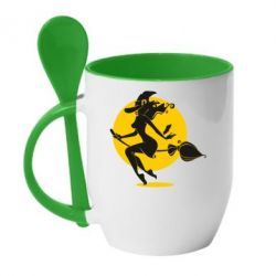 Чашка з ложкою Silhouette of a witch on a broom - PrintSalon