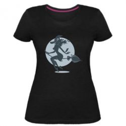 Жіноча преміум футболка Silhouette of a witch on a broom - PrintSalon
