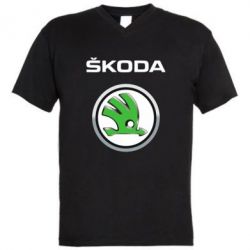 Мужская футболка  с V-образным вырезом Skoda Logo 3D - PrintSalon