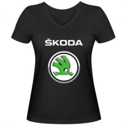Женская футболка с V-образным вырезом Skoda Logo 3D - PrintSalon