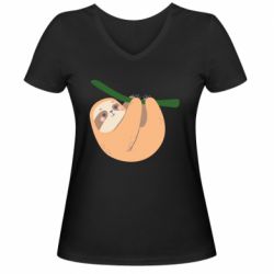 Женская футболка с V-образным вырезом Sloth on a branch - PrintSalon