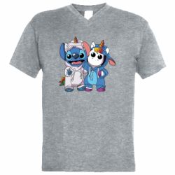 Мужская футболка  с V-образным вырезом Стич и единорог - PrintSalon