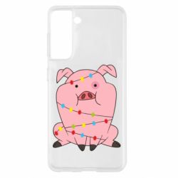 Чехол для Samsung S21 Свинья обмотанная гирляндой