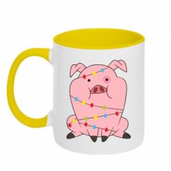 Чашка двокольорова Свиня обмотана гірляндою