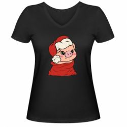 Жіноча футболка з V-подібним вирізом Свиня в новорічному мішку - PrintSalon