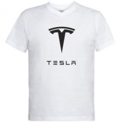 Мужская футболка  с V-образным вырезом Tesla Logo - PrintSalon