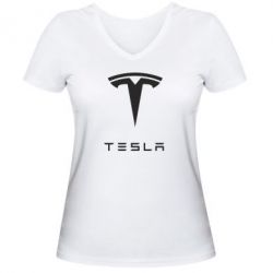 Женская футболка с V-образным вырезом Tesla Logo - PrintSalon
