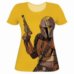 Женская футболка 3D The Mandalorian background yellow-PrintSalon Женская футболка 3D The Mandalorian background yellow