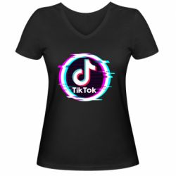 Женская футболка с V-образным вырезом Tik tock glitch ring - PrintSalon